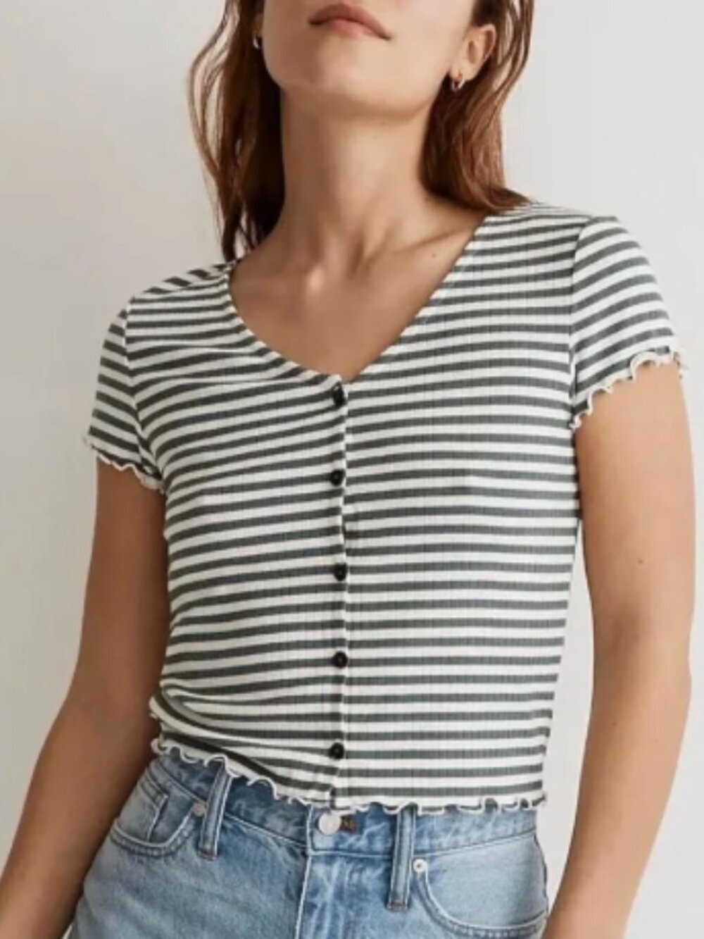 Madewell Button-Front V-Neck Tee Striped Olive Cream Ribbed Size S